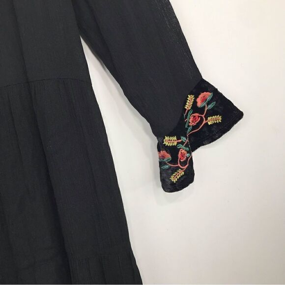 THML Black Gauze Floral Embroidered Velvet Popover Sheath Dress - Picture 10 of 14